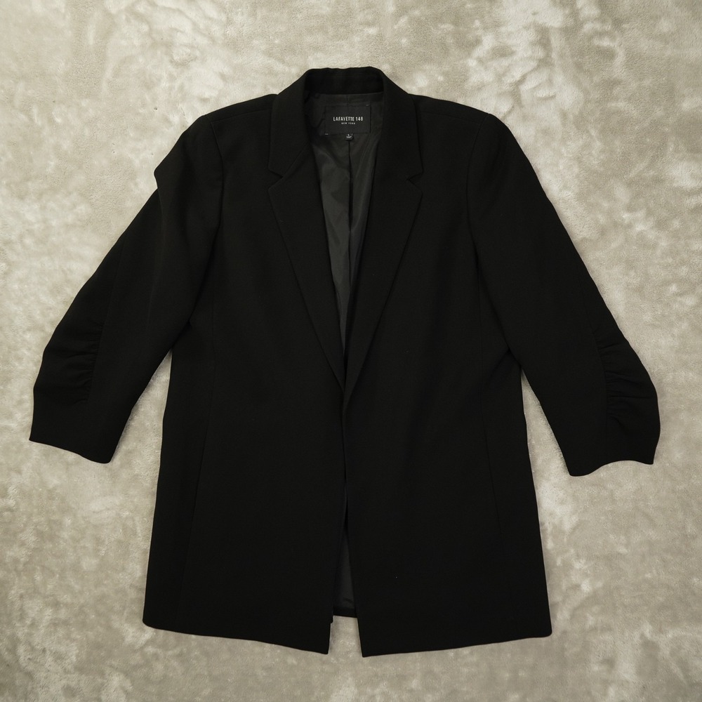 Lafayette 148 Black Cinch Arm Blazer Women's Large Black Open Front Career